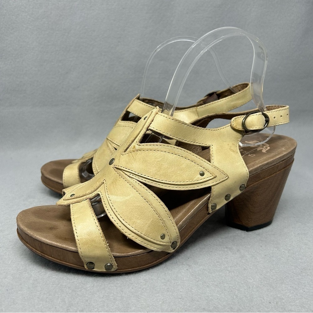 Dansko Women Tan Leather Floral  Strappy Wood Platform Sandals Sz 42 US 11.5-12